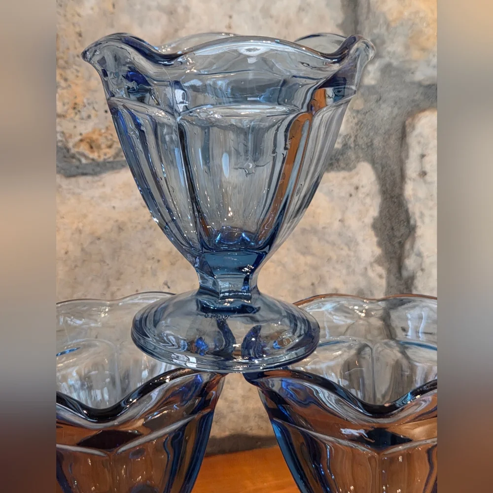 Lot of 3 Anchor Hocking Blue Sherbet Sundae Ice Cream Dessert Cups Dish Glasses
